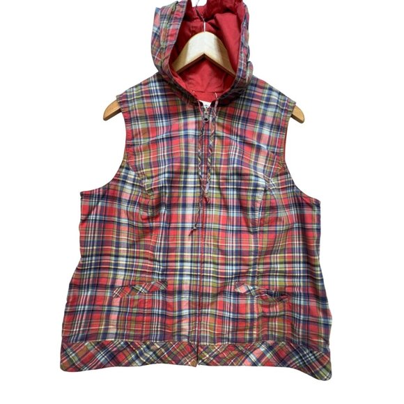 CJ Banks Womens Plaid Hooded Vest Size X Red Zip Up Sleeveless Pockets Outdoors - Picture 1 of 12